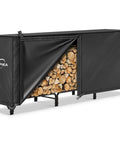 8-Foot Waterproof Firewood Rack Cover showcasing black heavy-duty 600D canvas with buckles and Velcro, covering stacked logs outdoors