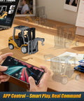 Mini Forklift Remote Control 1:64 Scale Desktop Radio Controlled Toy With App Connectivity in use on a desk with smartphone.