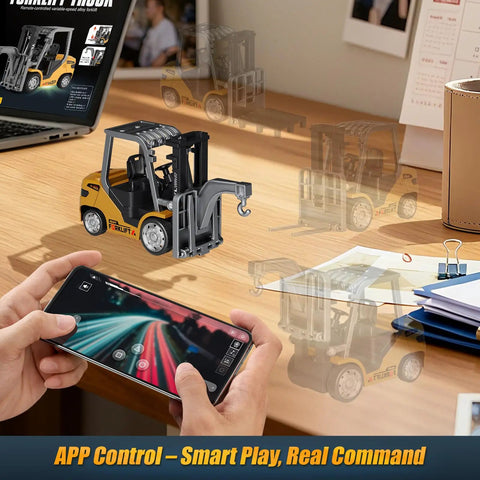 Mini Forklift Remote Control 1:64 Scale Desktop Radio Controlled Toy With App Connectivity in use on a desk with smartphone.