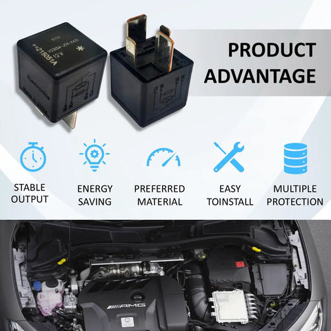 Plug-In Mini ISO Relay General Purpose 12V DC 70A Four Pin Automotive Relay With Supersession V23136 J4 X60 and V23134 J59 X431 J52 D642 for harsh environments and easy installation displayed above car engine with icons showing advantages.