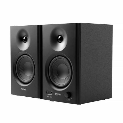 MR4 Powered Studio Monitor Speakers, 4 Inch Active Near Field Reference Monitors, black pair angled view
