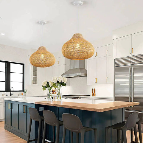Boho Rattan Pendant Light D16.5 Inch Handwoven Wicker Chandelier in kitchen with island and modern decor