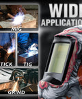 Auto Darkening Welding Helmet With Blue Light Blocking, True Color View, Solar Powered Hood next to various welding applications.