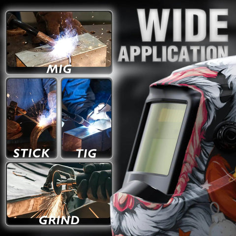 Auto Darkening Welding Helmet With Blue Light Blocking, True Color View, Solar Powered Hood next to various welding applications.