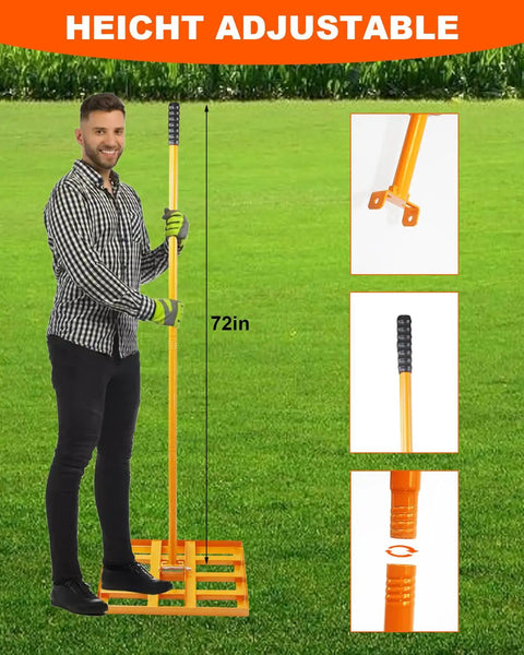 Heavy Duty Lawn Leveling Rake With 72 Inch Adjustable Handle For Soil Sand And Grass, shown with adjustable height feature.