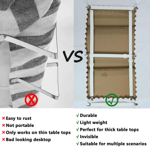 Comparison of tablecloth clips showing metal clips versus Hidden Tablecloth Clips Set That Stays Put For Outdoor Tablecloths.