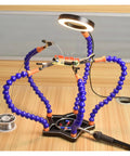 Five Pack Flexible Helping Hands Soldering Stand With Adjustable Goosenecks And USB Magnifying Lamp in use on wooden desk