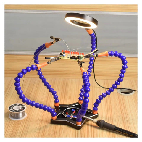 Five Pack Flexible Helping Hands Soldering Stand With Adjustable Goosenecks And USB Magnifying Lamp in use on wooden desk