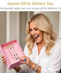 Woman holding a gift box with Three Piece Bracelet Helper Tool Set With Quick Release Hooks for Jewelry, Watches and Chains.