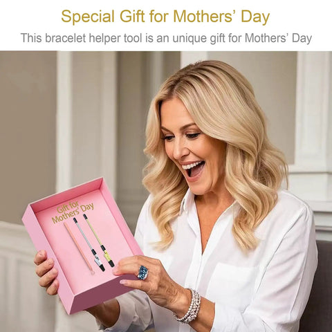 Woman holding a gift box with Three Piece Bracelet Helper Tool Set With Quick Release Hooks for Jewelry, Watches and Chains.