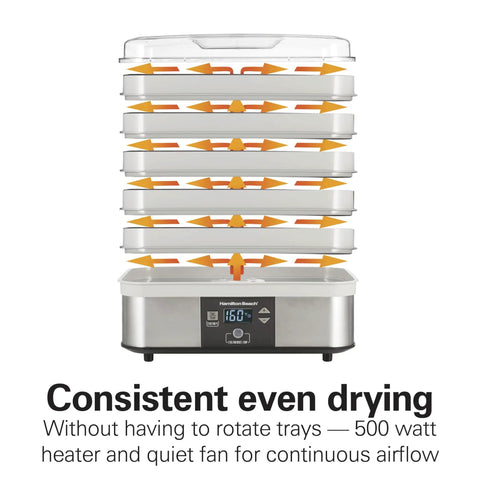 Digital Food Dehydrator With Five Stackable Bpa Free Trays And Adjustable Thermostat, showing airflow design and digital display.