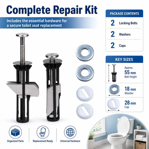 Top Shelf Heavy Duty Toilet Seat Bolt Kit Featuring Rust Resistant Stainless Steel Screws for Universal Bathroom Fixture Repair with 2 bolts and washers.