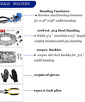 Kick Your Packaging Game Up With This Heavy Duty Steel Strapping Kit Featuring Smooth Ratchet Tensioner And Easy Cut Tool For Pallet Banding Plus Three Quarter Inch Coil And One Hundred Clips, showing tool set, steel banding, gloves, and buckles.