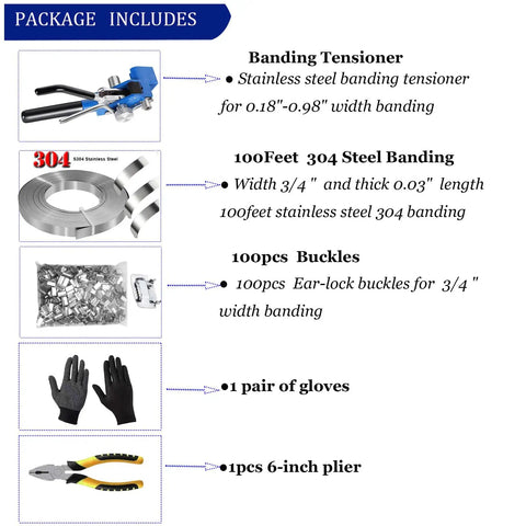 Kick Your Packaging Game Up With This Heavy Duty Steel Strapping Kit Featuring Smooth Ratchet Tensioner And Easy Cut Tool For Pallet Banding Plus Three Quarter Inch Coil And One Hundred Clips, showing tool set, steel banding, gloves, and buckles.