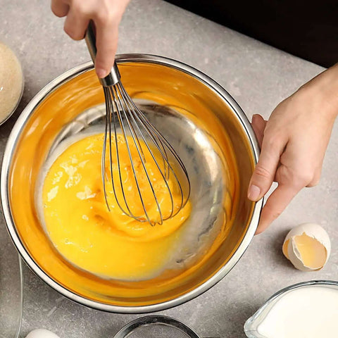 3 Pack Stainless Steel Balloon Whisks Set For Cooking, shown whisking egg in stainless steel bowl, 8 inch model, no tangling, reinforced construction