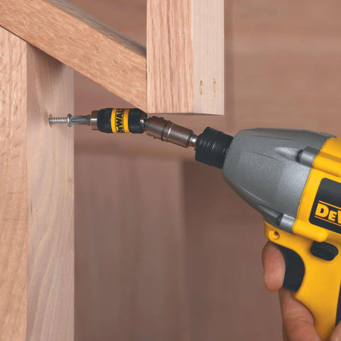 Pivoting Impact Driver Bit Tip Holder With Ring, One Quarter Inch Shank Fits Any Chuck Or Impact Driver, Delivers Up To Two Thousand Inch Pounds Of Torque For Tightening Loosening And Drilling, Durable Steel Construction, being used to drill into wood