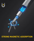 Close-up of a magnetic tip from the 42 In 1 Magnetic Screwdriver Set With Ratcheting Handle And 40 Plus Bits, attracting screws.
