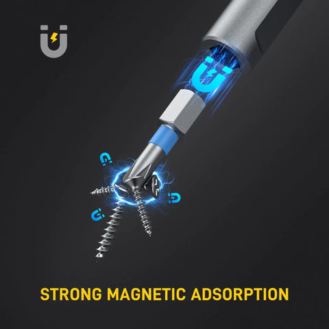 Close-up of a magnetic tip from the 42 In 1 Magnetic Screwdriver Set With Ratcheting Handle And 40 Plus Bits, attracting screws.