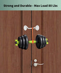 Sturdy White Barn Door Hook And Eye Latch Pair For Quick Privacy Setup Smooth Curved Design Rust Resistant Stainless Steel Construction used to secure weights on a door.