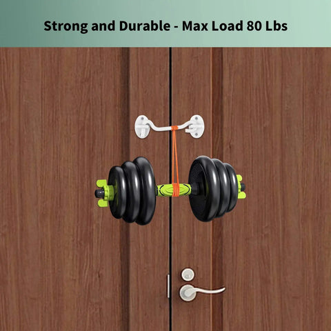 Sturdy White Barn Door Hook And Eye Latch Pair For Quick Privacy Setup Smooth Curved Design Rust Resistant Stainless Steel Construction used to secure weights on a door.