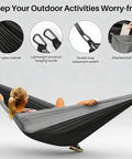 Portable Camping Hammock With Tree Straps And Attached Carry Bag For Outdoor Adventures And Backyard Relaxation Perfect For Hiking Beach Trips Travel And Weekend Getaways Chill And Unwind showing woman relaxing in nylon hammock.