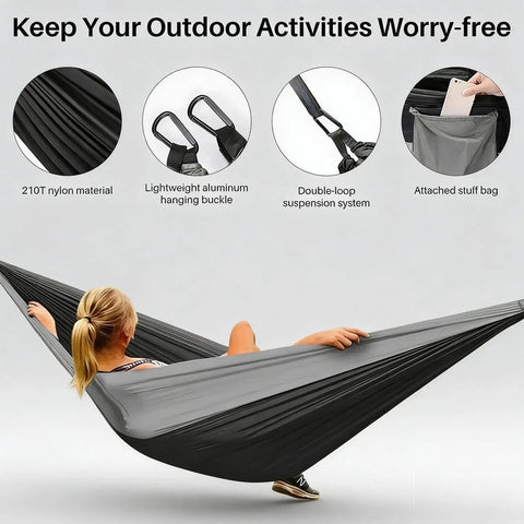 Portable Camping Hammock With Tree Straps And Attached Carry Bag For Outdoor Adventures And Backyard Relaxation Perfect For Hiking Beach Trips Travel And Weekend Getaways Chill And Unwind showing woman relaxing in nylon hammock.
