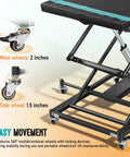 Electric Hydraulic Lift Table Built Dang Tough With Hella Smooth Operation And Straight Up Heavy Duty Aluminum Platform for mobility scooters, showing 360-degree wheels.