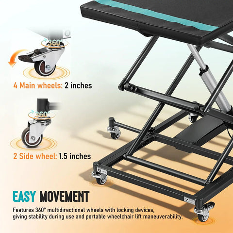 Electric Hydraulic Lift Table Built Dang Tough With Hella Smooth Operation And Straight Up Heavy Duty Aluminum Platform for mobility scooters, showing 360-degree wheels.