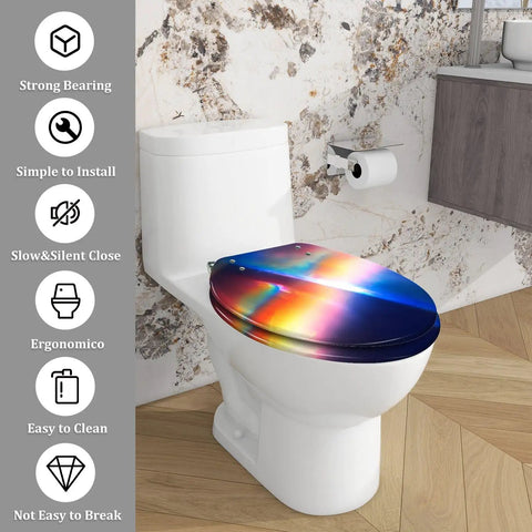 Elongated Toilet Seat Soft Close for Bathroom with colorful design mounted on a standard toilet, showcasing easy installation features.