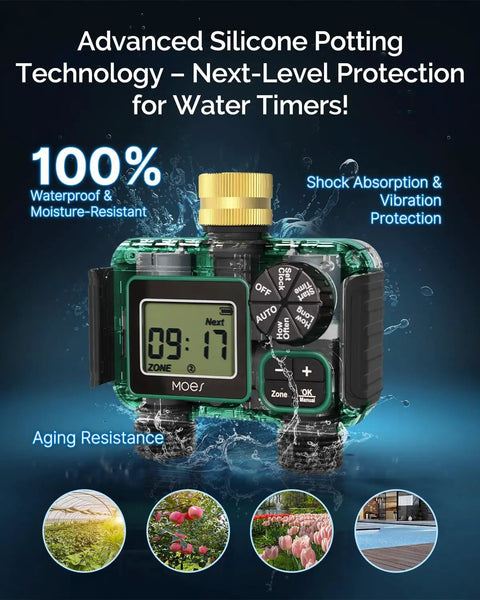Two Zone Sprinkler Timer With Brass Inlet Dual Independent Outlets Programmable Irrigation Controller with display and dials.