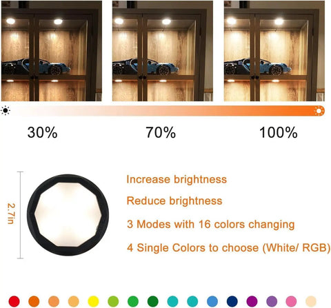 Rechargeable USB Puck Lights For Under Cabinet And Closet, 16 Color Changing Dimmable LEDs, brightness modes, color options