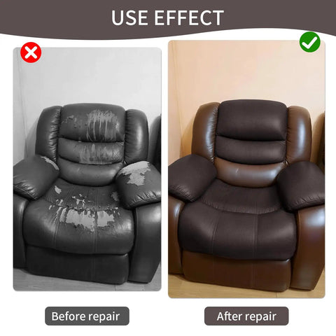 Self Adhesive Leather Repair Patch Kit For Couches Sofas And Car Seats Ultra Durable PU Vinyl Leather Repair Tape Waterproof Dark Brown 3.9x79 Inch Easy Patch Up For Furniture And Auto Interiors showing a repaired couch before and after