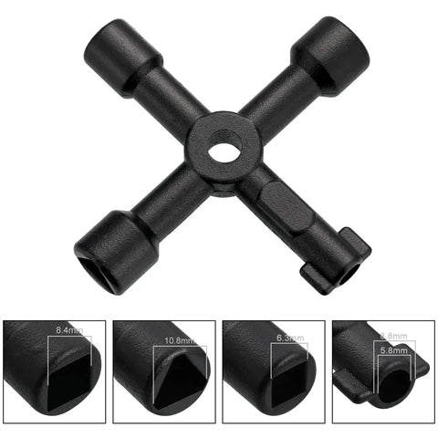 4-way black spanner from 11 Piece Multi Functional Utility Key Kit For Plumbers And Home DIY Projects With 4 Way Keys Triangle Cabinet