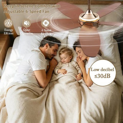 52" Plywood Modern Ceiling Fan with Light and Remote for Living Room Golden above a family sleeping peacefully in bed.