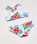 Top view of Girls UPF 50 Plus Racer Bikini Set Addie Two Piece Swimsuit In Peggy White Nylon Tricot with floral pattern.
