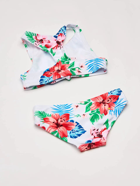 Top view of Girls UPF 50 Plus Racer Bikini Set Addie Two Piece Swimsuit In Peggy White Nylon Tricot with floral pattern.