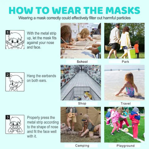 Instructions on wearing Colorful KN95 Disposable Face Masks For Children Pack Of 50 with images of use at school, park, shop, travel, camping, playground.