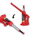 Torin BIG RED 2-ton bottle jack with long handle; red hydraulic car jack shown in horizontal and vertical views