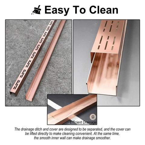 DIY Friendly Customizable Stainless Steel Linear Drain System For Driveways Pools And Lawns Slender Trench Drain 2x2 Inch Channel Gutter Solution With Flexible 90 Degree Corners T Shaped Configurations Four Way Joints And End Plug in rose gold, highlighting easy-to-clean feature and gutter detail.