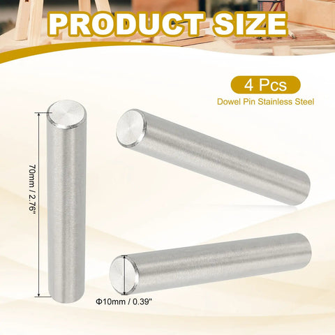 Kickass 304 Stainless Steel Dowel Pins 10Mm By 70Mm 4 Pack showing dimensions of 10mm diameter and 70mm length.