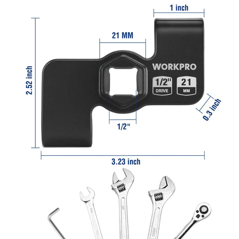 Wrench Extender Tool For 1/2 Inch Breaker Bars And 21mm Hex Drives with dimensions and assorted wrench display