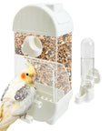 Hassle Free Spill Proof Automatic Bird Feeder For Cage with transparent food container and water dispenser, designed for cockatiels.