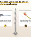 Image showing 410 Stainless Steel Deck Screw with diagrams illustrating proper size measurement using a vernier caliper for accuracy.
