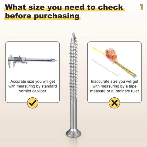 Image showing 410 Stainless Steel Deck Screw with diagrams illustrating proper size measurement using a vernier caliper for accuracy.