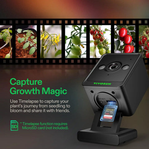 2K QHD Smart Grow Camera For Indoor Tents And Grow Boxes With 2.4GHz WiFi on display showcasing timelapse and SD card features