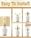 Rock Solid 2 Pack Short Lamp Harp 6 Inch Antique Gold Shade Bracket on a marble lamp explaining easy installation steps.