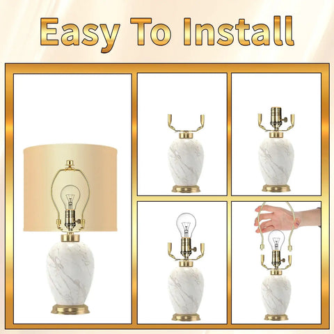Rock Solid 2 Pack Short Lamp Harp 6 Inch Antique Gold Shade Bracket on a marble lamp explaining easy installation steps.