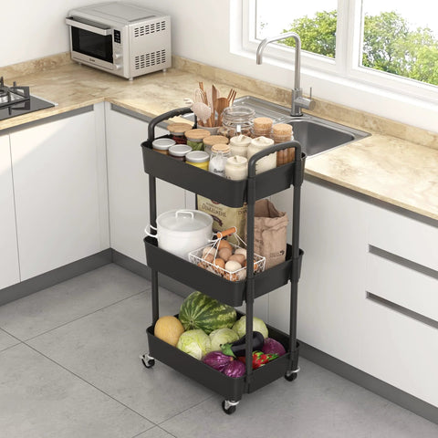 3 Tier Plastic Rolling Utility Cart With Handle For Office Kitchen And Living Room, filled with kitchen items, in a kitchen setting.