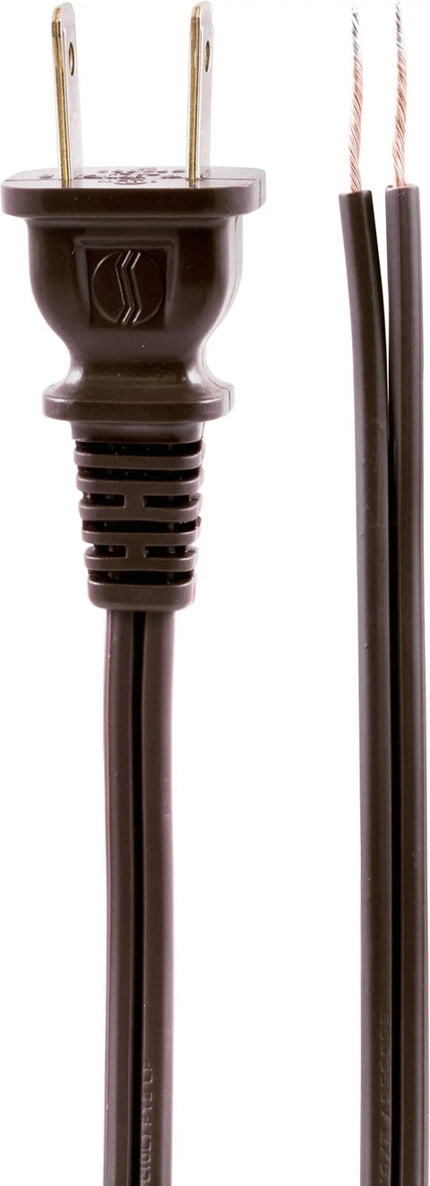 8 Foot Lamp Cord With Polarized Molded Plug 2 Prong UL Listed Brown For DIY Repair And Replacement close-up of plug and wires