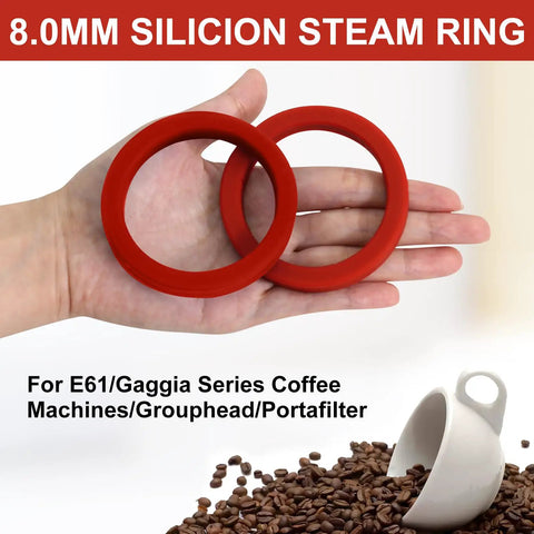 Two Pack 8.0mm Silicone Group Gasket For E61 Espresso Machines Grouphead And Portafilter Red Replacement Seal Ring held in hand